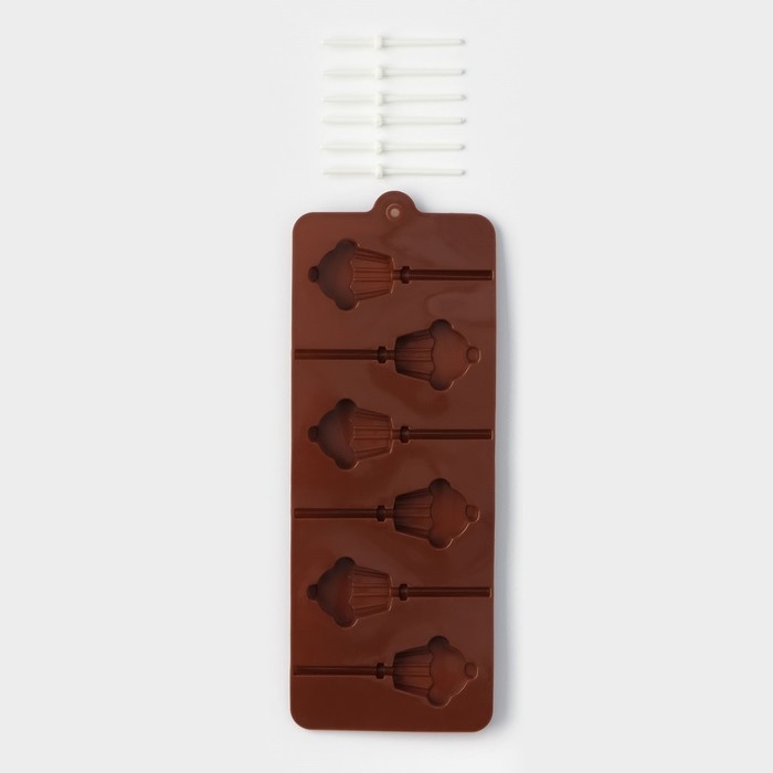 Форма для леденцов Доляна «Кексик», силикон, 25×9,5×1,5 см, 6 ячеек, с палочками, цвет коричневый Форма для леденцов Доляна «Кексик», силикон, 25×9,5×1,5 см, 6 ячеек, с палочками, цвет коричневый