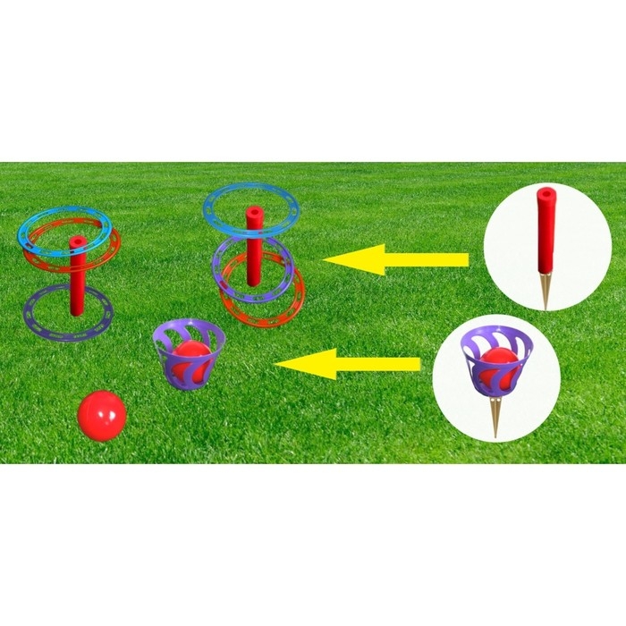 Игра Игра "Кольцеброс - шароброс": 2 стойки, 6 колец, корзинка, 2 мяча, клин - 3 шт
