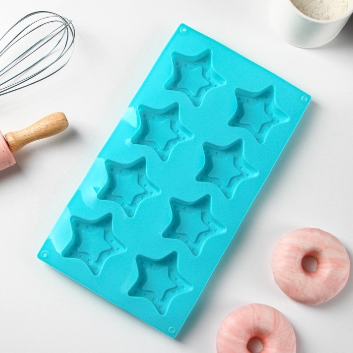 Форма для выпечки Доляна «Звёздочки», силикон, 8 ячеек, 29×16×2 см, ячейка 6,3×6 см, глубина 1,7 см, цвет голубой Форма для выпечки Доляна «Звёздочки», силикон, 8 ячеек, 29×16×2 см, ячейка 6,3×6 см, глубина 1,7 см, цвет голубой