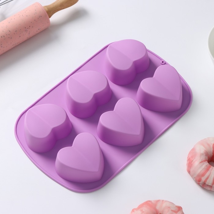 Форма для выпечки Доляна «Сердце напополам», силикон, 25,8×17×3,2 см, 6 ячеек (7×6,5×3 см), цвет сиреневый Форма для выпечки Доляна «Сердце напополам», силикон, 25,8×17×3,2 см, 6 ячеек (7×6,5×3 см), цвет сиреневый