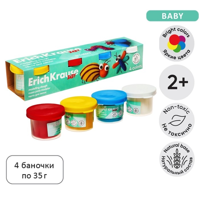 Тесто для лепки 4 цвета, 140г, ErichKrause  Тесто для лепки 4 цвета, 140г, ErichKrause "Baby", с Алоэ Вера, натуральные компоненты