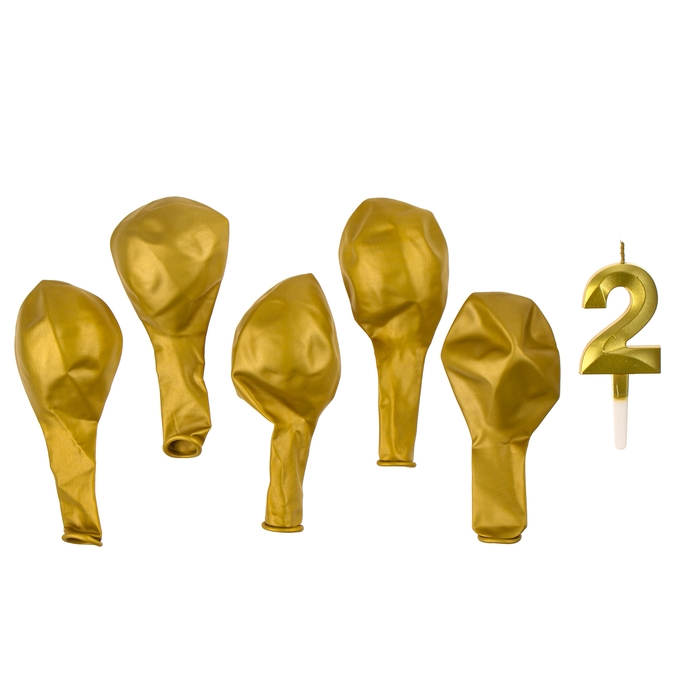 Свечи для торта + 5 шаров, цифра 2, золото Свечи для торта + 5 шаров, цифра 2, золото