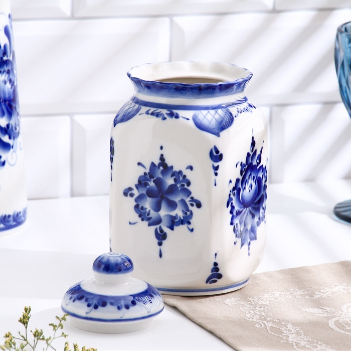 Банка &laquo;Каскад&raquo;, для сыпучих продуктов, средняя, 1,25 л, H=19,5 см, гжель