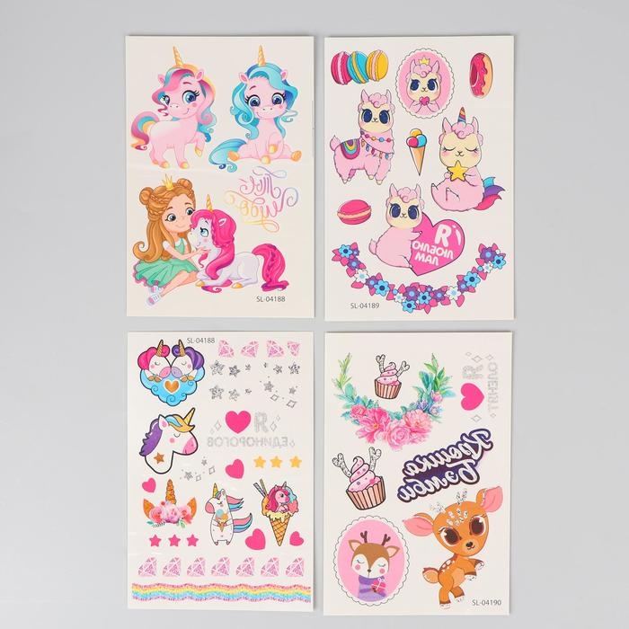 Набор детских татуировок, 4 шт.: лама, воздушный шар, единорог, олень Набор детских татуировок, 4 шт.: лама, воздушный шар, единорог, олень