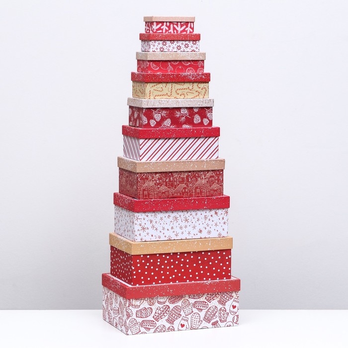 Набор подарочных новогодних коробок 10 в 1 "Исполнения желаний", 30 х 19 х 11,5 - 11 х 6 х 4 см. Новый год