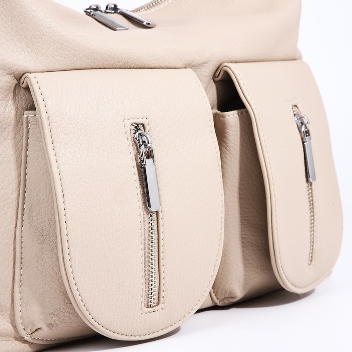 Сумка-тоут на молнии, 3 наружных кармана, цвет бежевый