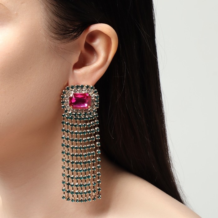 Серьги висячие со стразами «Бурлеск» водопад, цветные в золоте,10 см