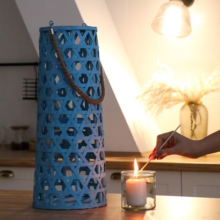 Подсвечник дерево  Подсвечник дерево "Фонарик. Звёздное плетение" голубой 51х16х16 см