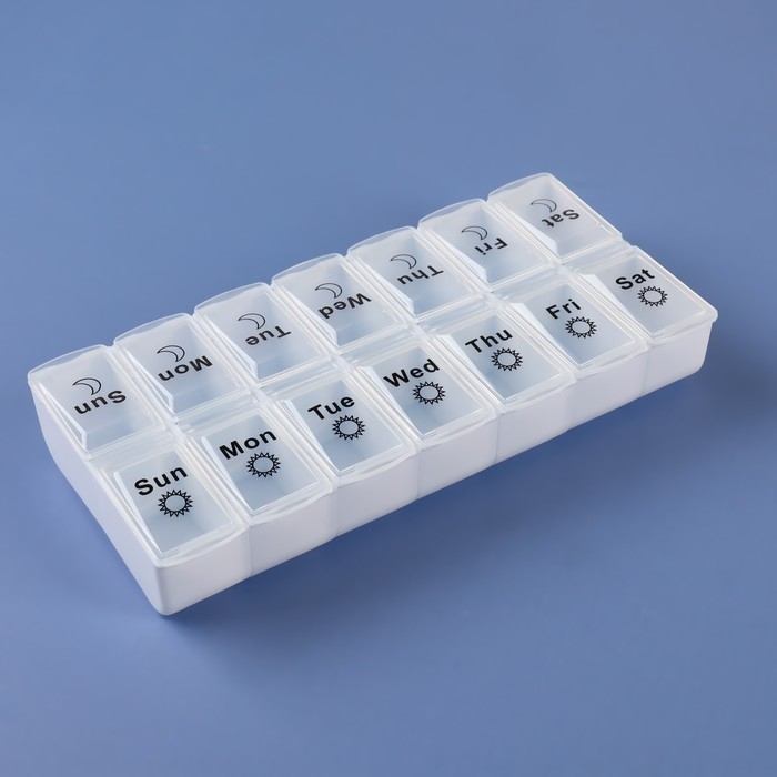 Таблетница - органайзер «Неделька», со съёмными ячейками, утро/вечер, 18,8 × 9 × 3 см, 7 контейнеров по 2 ячейки, цвет белый Таблетница - органайзер «Неделька», со съёмными ячейками, утро/вечер, 18,8 × 9 × 3 см, 7 контейнеров по 2 ячейки, цвет белый