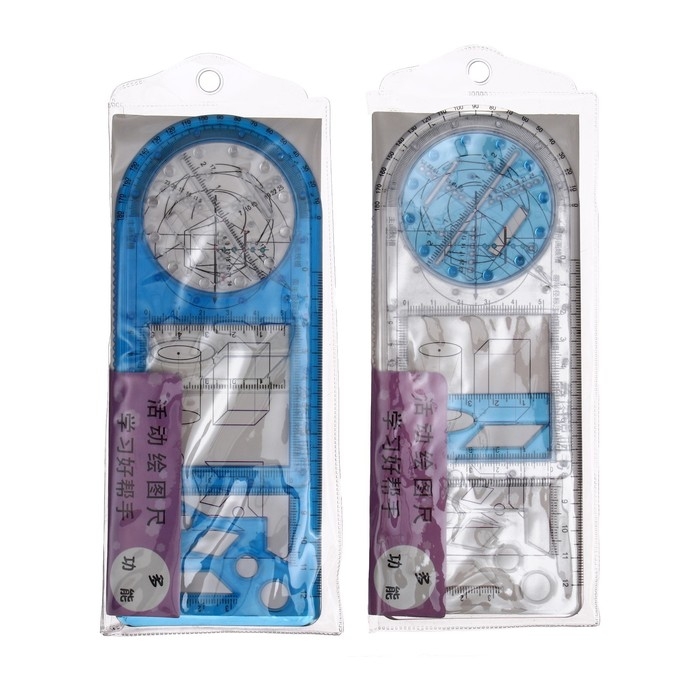 Линейка-трафарет для черчения фигур, с транспортиром, пластик Линейка-трафарет для черчения фигур, с транспортиром, пластик