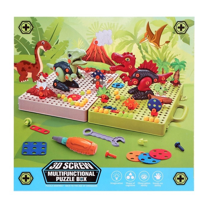 Конструктор винтовая мозаика «Диномир», с электрическим шуруповёртом, 212 деталей Конструктор винтовая мозаика «Диномир», с электрическим шуруповёртом, 212 деталей