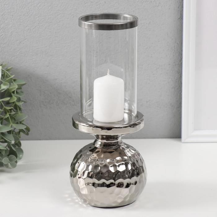 Подсвечник керамика, стекло на 1 свечу "Лоджуар" d=8 см серебро 10,5х10,5х26 см