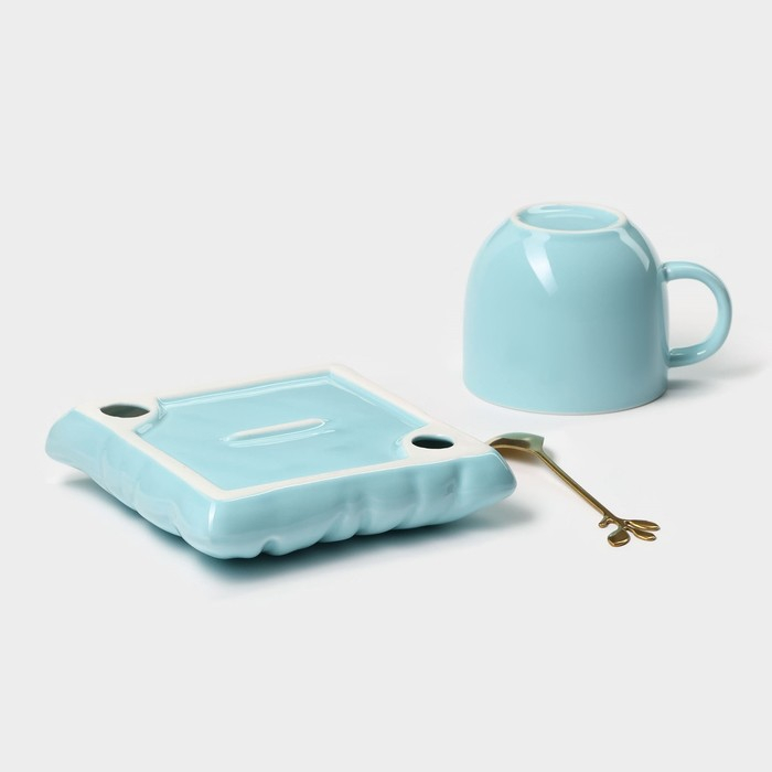 Чайная пара керамическая с ложкой «Зефирка», 2 предмета: чашка 250 мл, блюдце d=13 см, цвет голубой Чайная пара керамическая с ложкой «Зефирка», 2 предмета: чашка 250 мл, блюдце d=13 см, цвет голубой