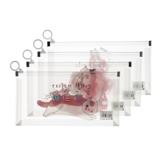 Папка-конверт на молнии формат А6, 180мкр, с рисунком Папка-конверт на молнии формат А6, 180мкр, с рисунком "Кот", МИКС