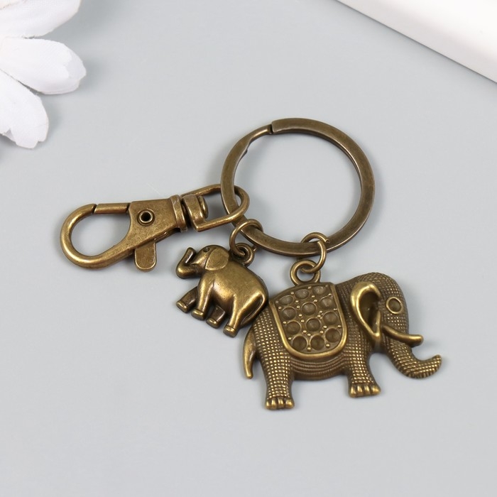 Брелок металл с карабином "Слоны" бронза 6,5 см