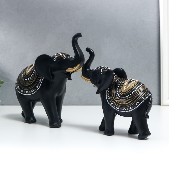 Сувенир полистоун Сувенир полистоун "Индийские чёрные слоны с узором на попоне" н-р 2шт 18х7х17 21,5х8,5х21 см 73555