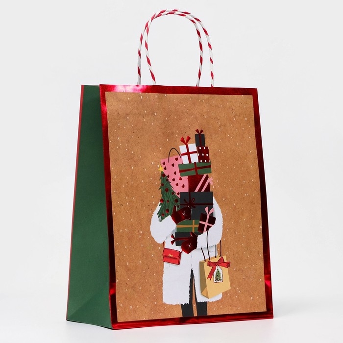 Новый год. Пакет бумажный подарочный новогодний крафт Новый год. Пакет бумажный подарочный новогодний крафт "Девушка с подарками" 26 х 32 х 12 см.