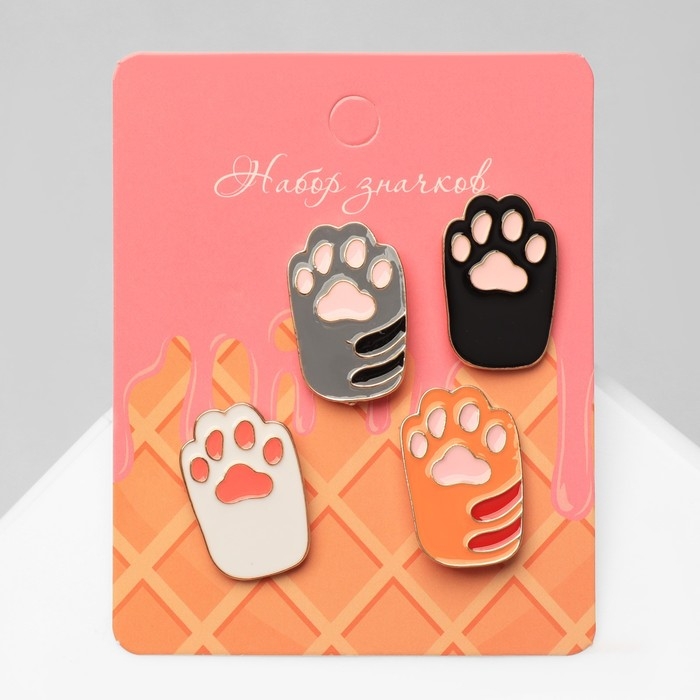Набор значков (4 шт.) «Лапки» кошачьи, цветной в золоте Набор значков (4 шт.) «Лапки» кошачьи, цветной в золоте