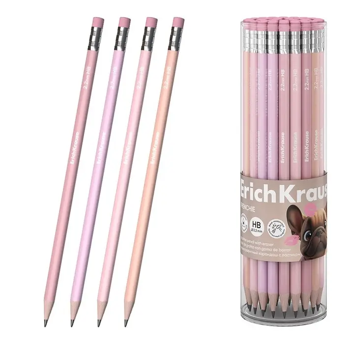 Карандаш чернографитный ErichKrause Frenchie трехгранный, с ластиком HB, в тубусе, МИКС