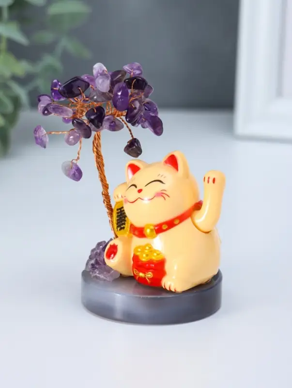 Маятник пластик "Жёлтый Манэки-нэко у дерева" 36 камней 5,5х5,5х11 см