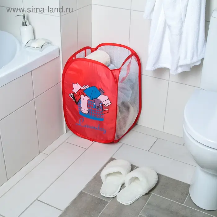 Корзина-сетка «Большая стирка», складная, 32×32×52 см, цвет красный Корзина-сетка «Большая стирка», складная, 32×32×52 см, цвет красный