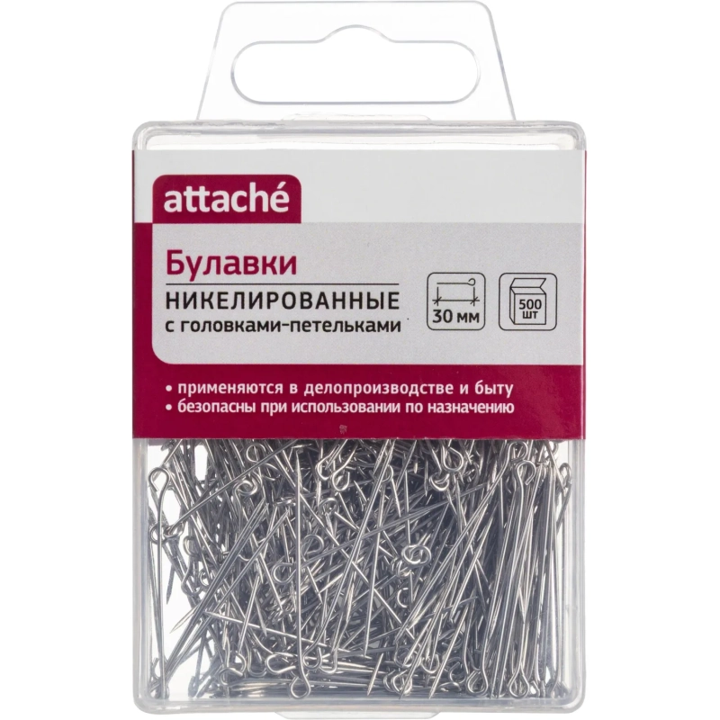 Булавки унив. с гол.петель. ник. Attache, 30 мм, 500 штук, в пласт кор
