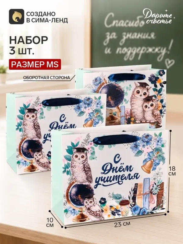 Пакеты подарочные &laquo;С Днём учителя&raquo;, набор 3 шт., 23&times;18&times;10 см