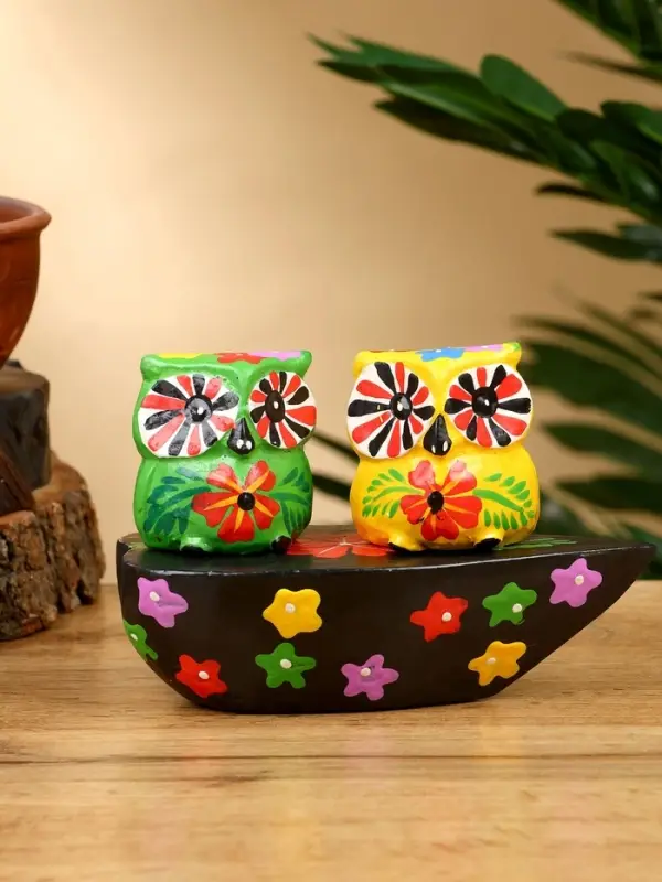 Сувенир "Пара совят" дерево 14х7х9 см, цв. жёлтый/зелёный