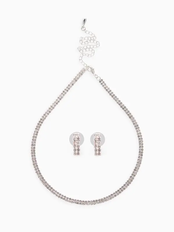Набор 2 предмета: серьги, чокер &laquo;Лёд&raquo;, два ряда, белый в серебре, 32 см