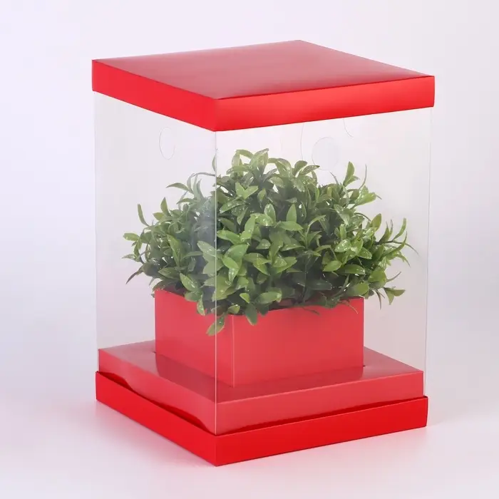 Коробка для цветов с вазой и PVC окнами складная, 16&times;23&times;16 см, однотонный, красный