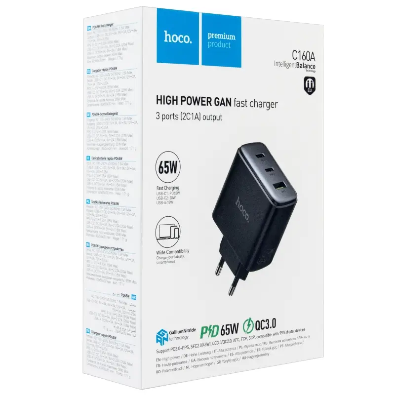 Переходник сетевого зарядного устройства на 2 Type-C PD65W + USB QC3.0 C160A  HOCO черное