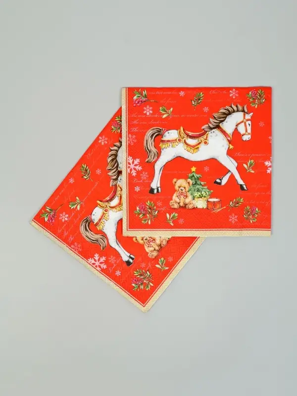 Салфетки бумажные трёхслойные «Новогодняя лошадка. Красный фон», 33х33, 20шт Салфетки бумажные трёхслойные «Новогодняя лошадка. Красный фон», 33х33, 20шт