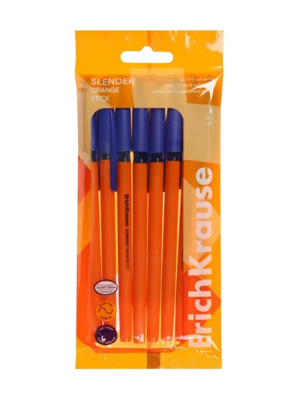 Набор ручек шариковых ErichKrause Slender Stick Orange, Super Glide, 8 штук, узел 0.7 мм, синие чернила