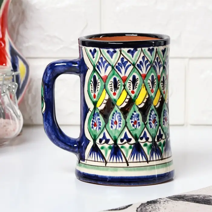 Кружка узбекская Риштанская Керамика &laquo;Цветы&raquo;, 500 мл, синий МИКС