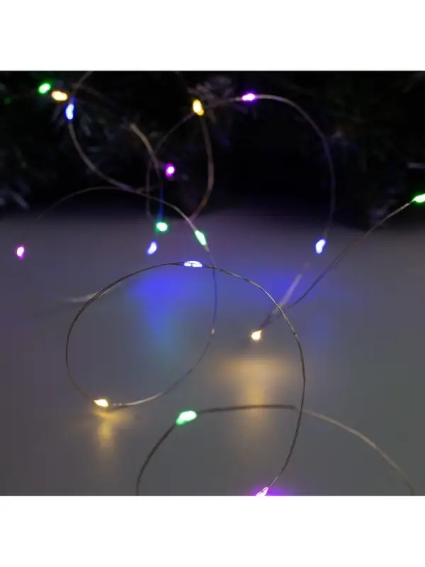 Гирлянда &laquo;Нить&raquo; 2 м роса, IP20, серебристая нить, 20 LED, батарейки CR2032&times;2 (в комплекте), свечение мульти