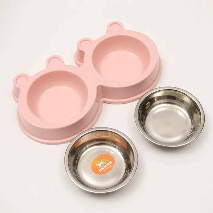 Миска металлическая двойная на пластиковой основе, 27,8 х 15,5 х 4 см, розовая Миска металлическая двойная на пластиковой основе, 27,8 х 15,5 х 4 см, розовая