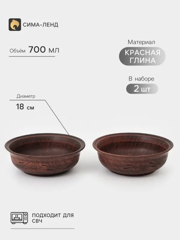 Тарелки глубокие &laquo;Вьюнок&raquo;, набор 2 шт., 700 мл, 18&times;6 см, красная глина