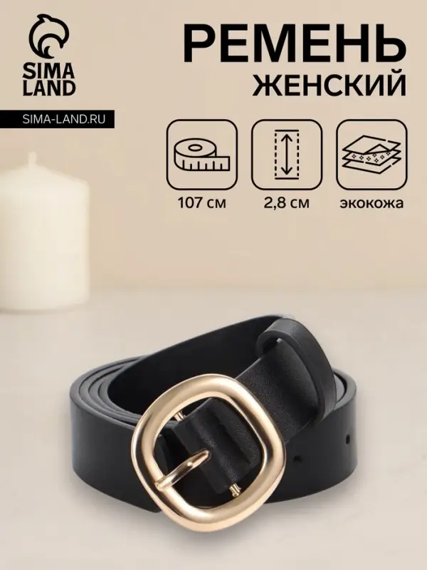 Ремень женский, 2.8&times;107 см, 1 прокол, золотистая пряжка, чёрный