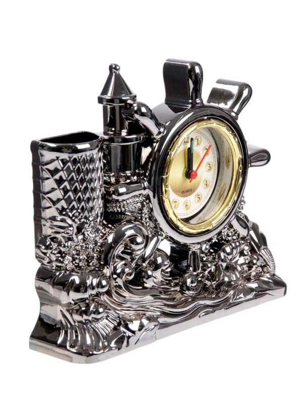 Часы настольные - органайзер для канцелярии будильник «Штурвал», 14×17×4 см Часы настольные - органайзер для канцелярии будильник «Штурвал», 14×17×4 см