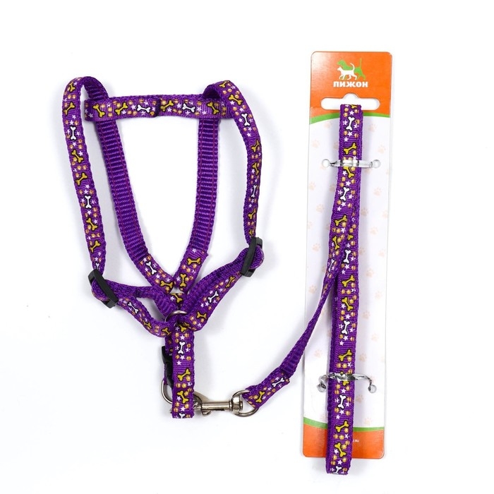 Комплект  Комплект "Звёздные косточки", ширина 1 см, поводок 120 см, шлейка 23-35 см, фиолетовый