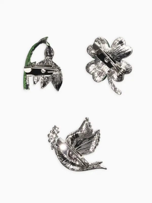 Броши &laquo;Голубь, клевер, подснежник&raquo;, набор 3 шт. разноцветный в серебре