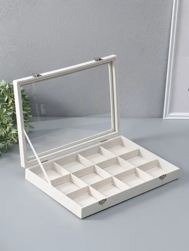 Шкатулка для украшений 12 ячеек, 35&times;24&times;4.5, стеклянная крышка, бежевая