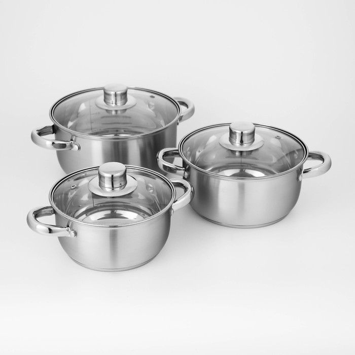 Набор кастрюль из нержавеющей стали Доляна «Гретте», 3 предмета: 1,6 л, 2,3 л, 3,2 л, крышки Набор кастрюль из нержавеющей стали Доляна «Гретте», 3 предмета: 1,6 л, 2,3 л, 3,2 л, крышки
