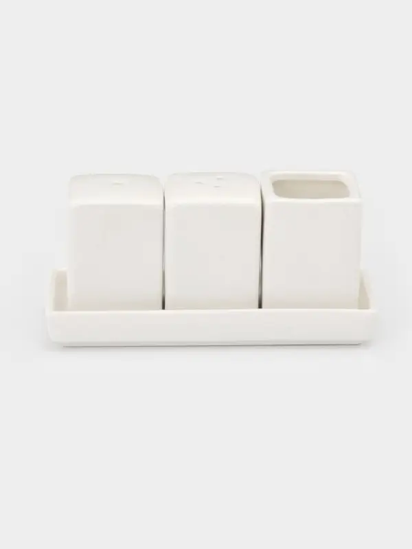 Набор для специй Magistro &laquo;Бланш&raquo;, 3 предмета на подставке: перечница, солонка, ёмкость для зубочисток, 14&times;5.5&times;7 см, фарфор, белый