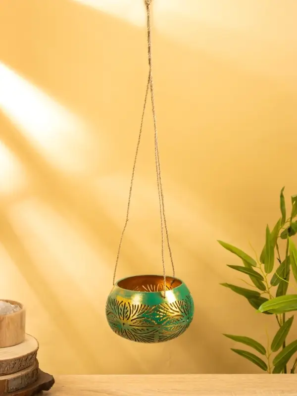 Подсвечник подвесной из кокоса, 14×14×10 см, голубой с золотым