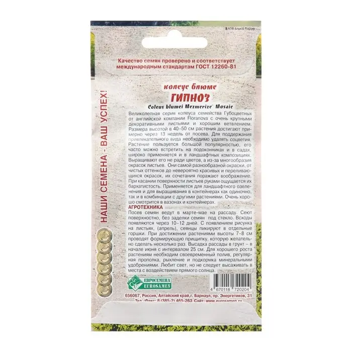 Семена Колеус блюме  Семена Колеус блюме "Гипноз",  3 шт