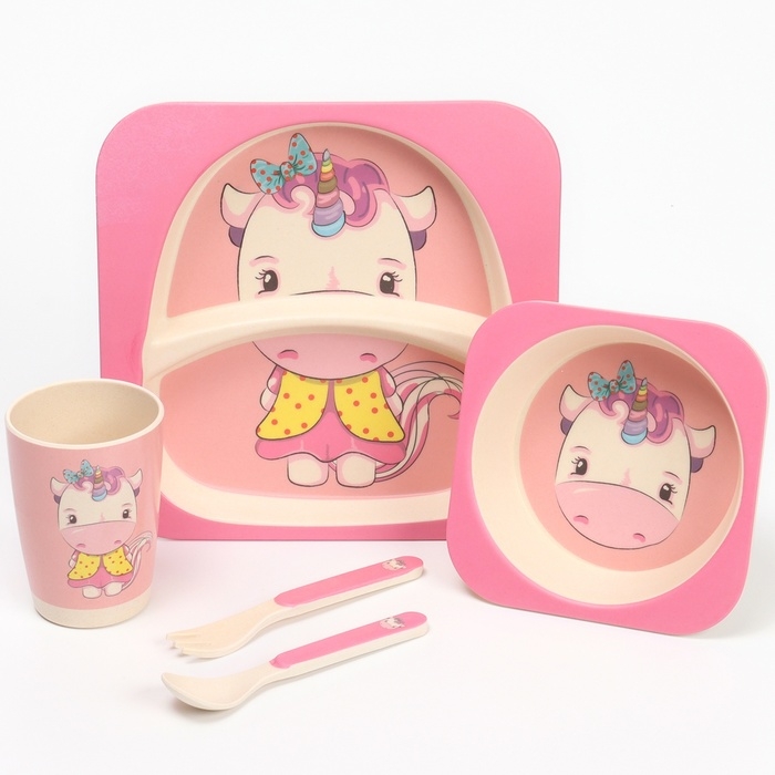 Набор бамбуковой посуды «Единорог», тарелка, миска, стакан, приборы, 5 предметов Набор бамбуковой посуды «Единорог», тарелка, миска, стакан, приборы, 5 предметов