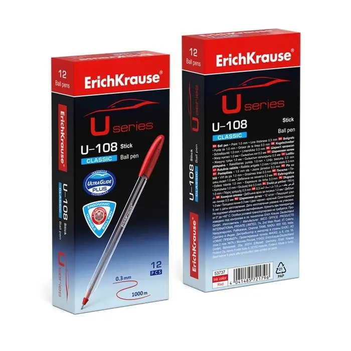 Ручка шариковая ErichKrause U-108 Classic Stick, узел 1.0 мм, чернила красные, супермягкое письмо, длина линии письма 1000 метров Ручка шариковая ErichKrause U-108 Classic Stick, узел 1.0 мм, чернила красные, супермягкое письмо, длина линии письма 1000 метров