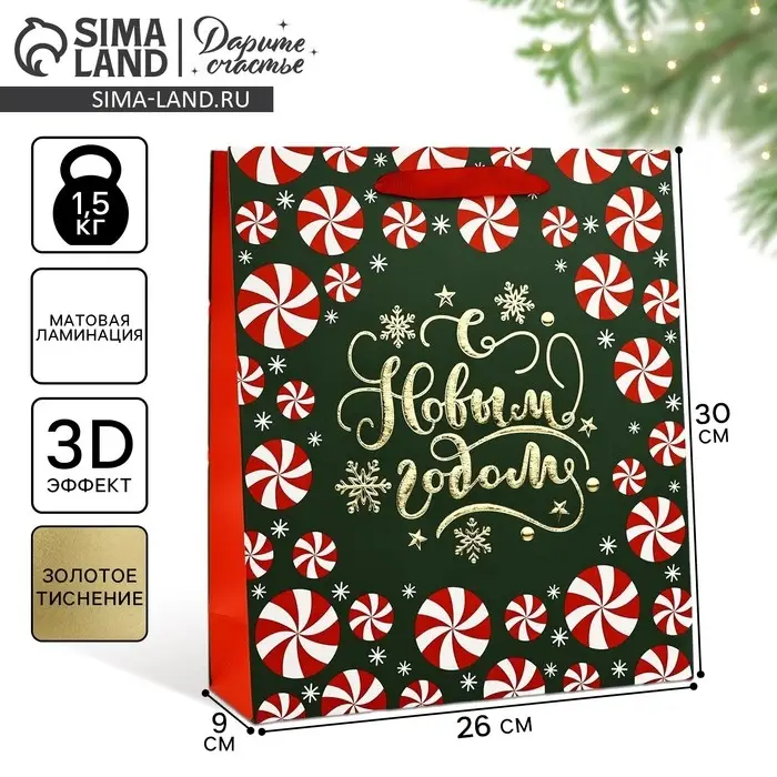 Пакет подарочный новогодний ламинированный &laquo;Новогодние чудеса&raquo;, тиснение, M 30&times;26&times;9 см