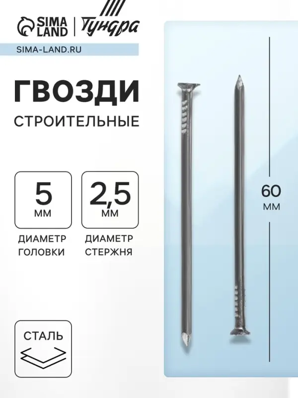 Гвозди ТУНДРА, строительные, ГОСТ 4028-63, без покрытия, 2.5&times;60 мм, 25 кг